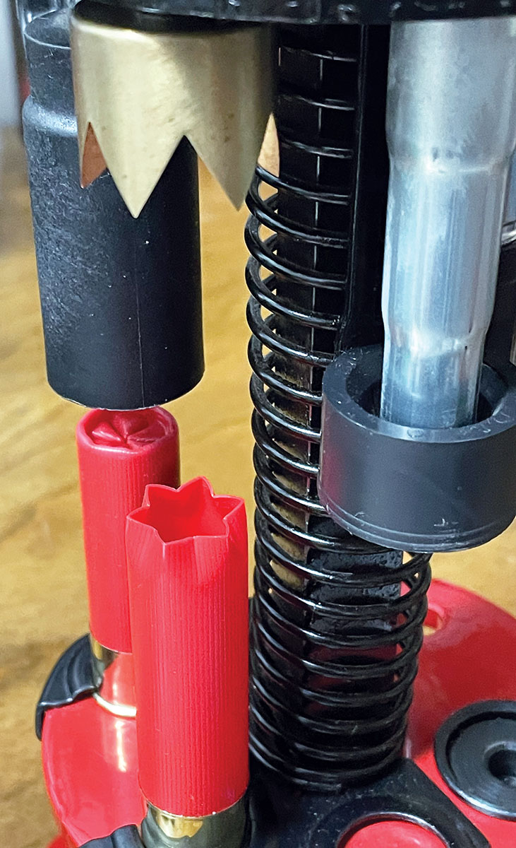 Quality crimps demand attention to detail in component selection and equipment. The addition of BPI’s Super Crown Crimp Starter to a MEC 600 Jr., Mark V single-stage press is a perfect example. Note that the non-crimped hull was placed there for illustration purposes.